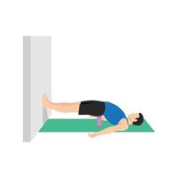 Man doing bridge pose setu bandha sarvangasana to the wall  exercise. Flat vector illustration isolated on white background