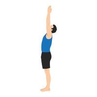 hombre haciendo pose de yoga urdhva namaskarasana. de pie con el ejercicio upavishtha konasana. ilustración vectorial plana aislada sobre fondo blanco vector