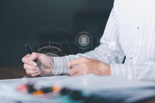 Businessman Audit documents, quality assessment management With a checklist, business document evaluation process, market data report analysis and consulting, plan review process. photo