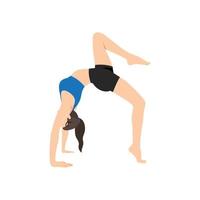 mujer haciendo variación de pose de rueda, chakrasana, pose de arco hacia arriba. hermosa chica practica urdhva dhanurasana vector