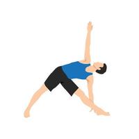 Man doing Revolved Triangle Yoga Pose. Parivrtta Trikonasana. Flat vector illustration isolated on white background