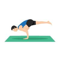 Man doing yoga, pilates, fitness training, asana Eka Pada Galavasana, Flying Pigeon or flying crow Pose, One-Legged Balance. Flat vector illustration isolated on white background