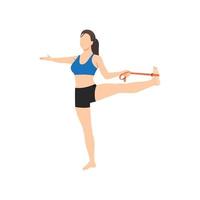 Woman doing extended hand to big toe with elastic band pose utthita hasta padangusthasana exercise. Flat vector illustration isolated on white background