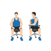 hombre haciendo giro espinal de silla. Ejercicio ardha matsyendrasana. ilustración vectorial plana aislada sobre fondo blanco vector