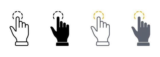 Touch Gesture of Computer Mouse Line and Silhouette Color Icon Set. Pointer Finger Pictogram. Click Press Double Tap Swipe Point Symbol Collection on White Background. Isolated Vector Illustration.