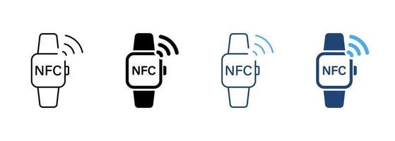 Smart Watch with NFC Technology Line and Silhouette Icon Set. Smartwatch Bracelet Pictogram. Watch for Contactless Payment Symbol Collection on White Background. Isolated Vector Illustration.