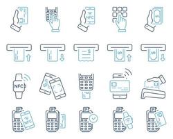 Contactless Payment by Mobile Phone, Credit Card on POS. ATM Money Withdraw Icon. Cashless Wireless Pay Transaction by NFC Technology Line Icon Set. Editable Stroke. Isolated Vector Illustration.