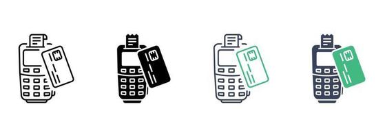 Payment Terminal and Credit Card Line and Silhouette Icon Set. POS Contactless Transaction Pictogram. Wireless Money Pay Symbol Collection on White Background. Isolated Vector Illustration.