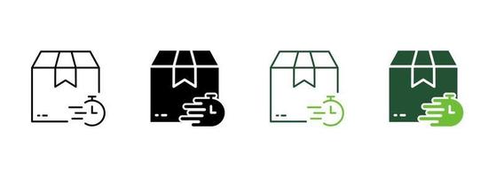 Time Delivery Silhouette and Line Icon. Parcel Box and Clock Fast Transportation Pictogram. Timer Express Speed Shipment Icon. Stopwatch and Package. Editable Stroke. Isolated Vector Illustration.