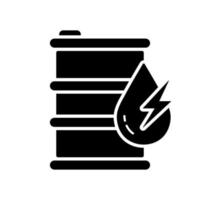 Barrel Oil Silhouette Icon. Petrol Energy Gallon with Drop and Lightning Glyph Pictogram. Metal Gas Tank Icon. Industry Container with Diesel, Gasoline Sign. Isolated Vector Illustration.