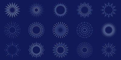 conjunto de iconos de línea de fuegos artificiales. explosión de luz estelar. círculo chispa sunburst estrella ráfaga brillo icono de contorno. celebrar feliz cumpleaños, feliz pictograma lineal de fiesta de navidad. ilustración vectorial aislada. vector