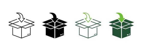 Put in Carton Parcel Box Delivery Service Silhouette and Line Icon. Packing Cardboard Pointing Arrow Inside Pictogram. Distribution Container Icon. Editable Stroke. Isolated Vector Illustration.