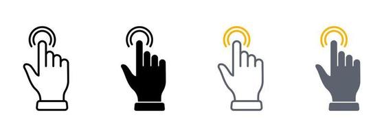 Double Click Gesture Line and Silhouette Color Icon Set. Hand Cursor of Computer Mouse Pictogram. Swipe Press Touch Point Tap Symbol Collection on White Background. Isolated Vector Illustration.