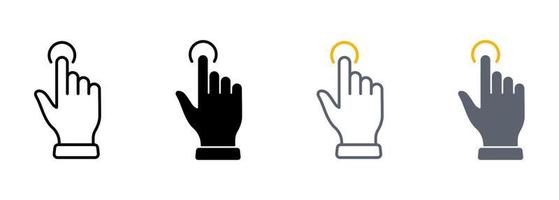 Hand Cursor of Computer Mouse Line and Silhouette Color Icon Set. Pointer Finger Click. Swipe Double Press Touch Point Tap Symbol Collection on White Background. Isolated Vector Illustration.