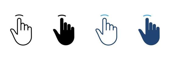 Tap Gesture Line and Silhouette Color Icon Set. Hand Cursor of Computer Mouse Pictogram. Pointer Finger Click Press Touch Symbol Collection on White Background. Isolated Vector Illustration.