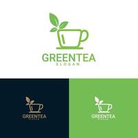 Tea Logo Template. Logo for Organic Green tea Shop for Healthy Lifestyle. Cup of Organic Green Tea and Fresh Green Leafs vector