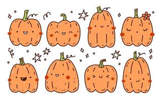 Set of cute and funny orange pumpkins isolated on white background. Vector hand-drawn illustration in doodle style. Kawaii characters. Perfect for cards, decorations, logo and Halloween designs.