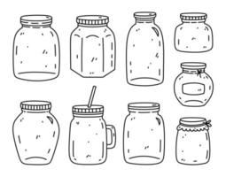 A set of glass jars of different shapes isolated on white background. Utensils for canning, jam, drinks. Vector hand-drawn illustration in doodle style. Perfect for decorations, logo, various designs.