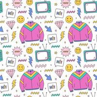 Bright seamless pattern with items from the nineties - sports jacket, retro tv, smile, lightning, diamonds and stars on checkered background. Nostalgia for the 1990s.Perfect for print, wrapping paper vector