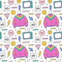 Bright seamless pattern with items from the nineties - sports jacket, retro tv, smile, lightning, diamonds and stars on checkered background. Nostalgia for the 1990s.Perfect for print, wrapping paper vector