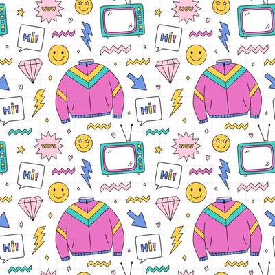 Bright seamless pattern with items from the nineties - sports jacket, retro tv, smile, lightning, diamonds and stars on checkered background. Nostalgia for the 1990s.Perfect for print, wrapping paper