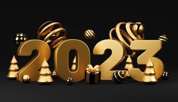 Happy New Year 2023 golden design with gift box and ball. Holliday decorative elements on black background. 3D render illustration photo