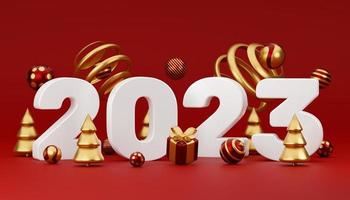 Happy New Year 2023 golden design with gift box and ball. Holliday decorative elements on red background. 3D render illustration photo