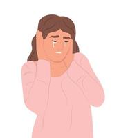 Person is in despair, grief, cries, covers his ears with his hands, does not want to hear anything, feeling negative emotions. Flat vector illustration