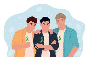 concepto de salud mental de psicología. un hombre con una cinta verde en el pecho. retrato de grupo de personas positivas felices. ilustración vectorial plana vector