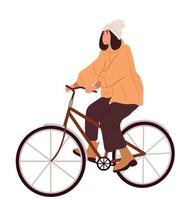 Hello Autumn. Girl rides a bicycle. Active person traveling on bike, eco city transport, side view. Flat vector illustration