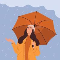 Rainy season with umbrella young happy girl catching rain with hands.Flat vector illustration