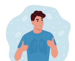 Young smiling man using an asthma inhaler World Asthma Day.Bronchial Asthma. Allergy, asthmatic. Inhalation drug. Bronchial asthma. vector