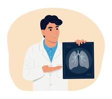 Smiling male doctor holding x-ray of lungs to prevent asthma. World Asthma Day. Bronchial asthma. Allergy, asthmatic. Inhalation drug. Bronchial asthma vector