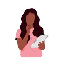 A black girl holds a tablet in her hands and looks at the sequence of her affairs and tasks. Man makes to-do list, agenda, strategic steps. Concept of schedule. vector