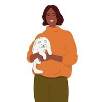 Overjoyed young woman holding a cute kitten in her arms, feeling love. Pets concept. Flat vector illustration