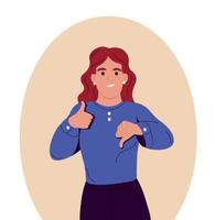 Make choice, decision concept. A young woman makes a choice, thinks, analyzing two options. Doubting, deciding, setting priorities. Flat vector illustration