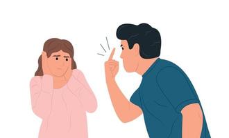 Misunderstanding of conflicts between people. A man scolds a woman, a woman is in a tearful state covers her ears with her hands. Flat vector illustration