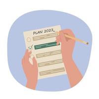 Planning your future for 2023 and recording your list, goals and ideas. New Years resolution. List of gifts. Shopping list. vector