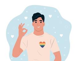 Gay man with LGBTQ rainbow and transgender heart celebrating pride month or day. Flat vector illustration