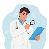 concepto de curiosidad. el hombre es un médico con una tableta y un estetoscopio, de pie mirando algo con una lupa vector