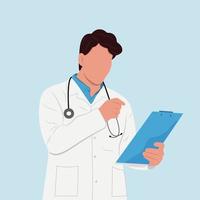 Curiosity concept. A man is a doctor with a tablet and a stethoscope standing, looking at something with a magnifying glass and trying to find something. vector