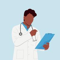 A black man is a doctor with a tablet and a stethoscope standing, looking at something with a magnifying glass and trying to find something. Curiosity concept. Vector illustration.