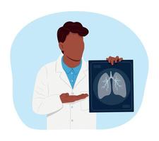 Smiling black male doctor holding lung x-ray to prevent asthma. World Asthma Day. Bronchial asthma. Allergy, asthmatic. Inhalation drug. Bronchial asthma vector