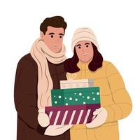 pareja feliz con compras. hombres y mujeres se preparan para celebrar la navidad. ilustración vectorial gráfica plana aislada sobre fondo blanco vector