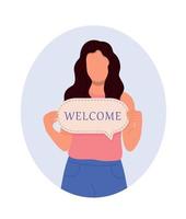 mujer alegre con cartel de bienvenida y sonriendo mientras está de pie. de nada. ilustración vectorial gráfica plana aislada sobre fondo blanco vector