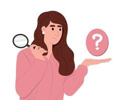 Investment research and curiosity concept. Young smiling girl holding a magnifying glass and pecks answers to questions.Flat vector illustration