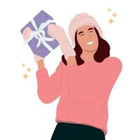 Happy smiling woman holding gift boxes. Gift giving concept. Vector cartoon style