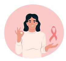 Breast cancer awareness month poster. Happy positive young woman showing gesture. I beat cancer. Flat vector illustration