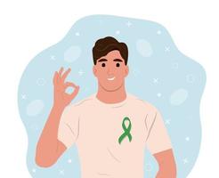 Psychology mental health concept.A man with a green ribbon on his chest. Flat vector illustration