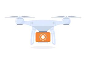 Drone delivering first aid kit. Drug delivery by quadrocopter, modern technologies in medicine. Concept flat style vector illustration.